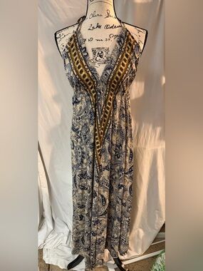 Paisley Halter Backless Maxi Dress in Navy and Cream with Gold Trim